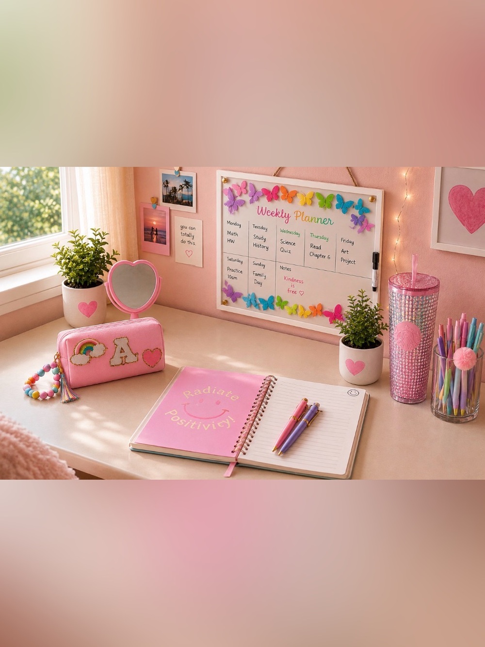 3-piece Iridescent Desk Set - Dry-Erase Weekly Planner, Pen Cups ➕ FREE ITEMS!!